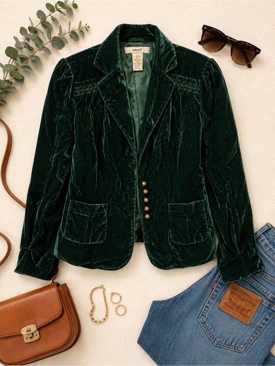 Edward Jackets & Blazers - Edward Green Velvet Blazer Jacket Women’s XL Gold Button Vintage Inspired